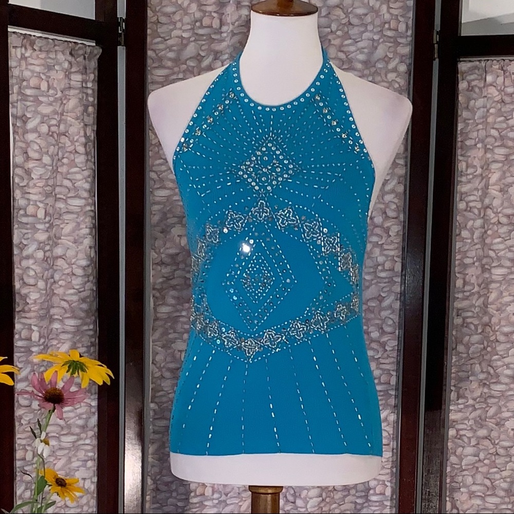 Cache blue halter tee top with beads and sequins. - Picture 2 of 8